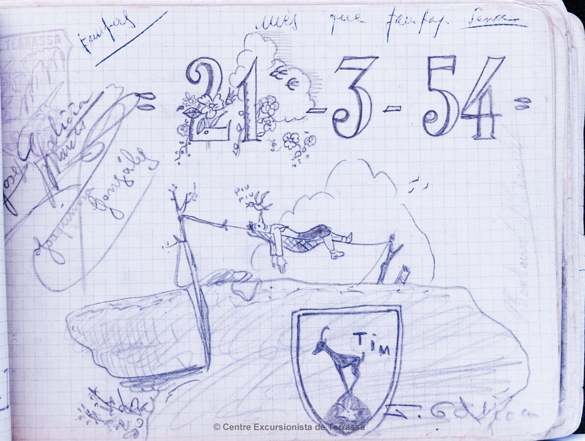 Dibuix d’en Josep Galícia, del 21-03-1954, del llibre de registre nº 5 de la Castellassa de can Torras 17/01/1953-03/07/1955), col·locat per la SAM del CET.