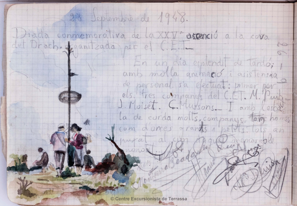 Dibuix d’aquarel·la efectuat en l’ascensió realitzada per membres del CET el 28 de setembre de 1948, en commemoració de la XXV aniversari de l’ascensió a la cova del Drac, que es troba a les pàgines del llibre nº 4 (05-10-1947-01-11-1949) de la Cova del Drac .