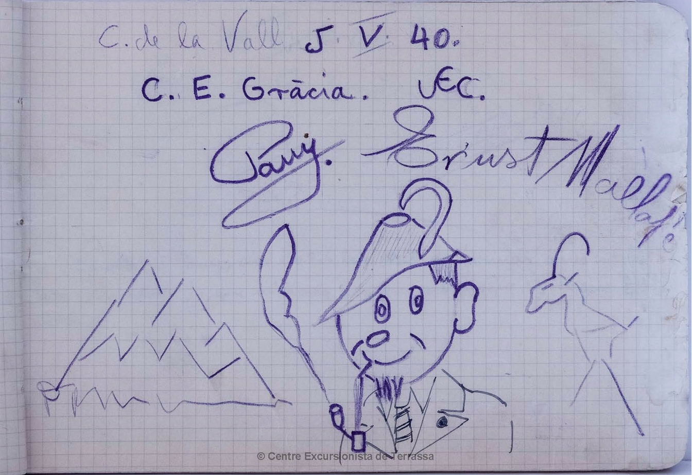 Signatures d’en Jordi Panyella (i autoretrat?) i l’Ernest Mallafré al llibre nº 1 del Cavall Bernat de la Vall (03/12/1933-14-04-1945) col·locat per la Secció d’Esports de Neu i d’Alta Muntanya del CET