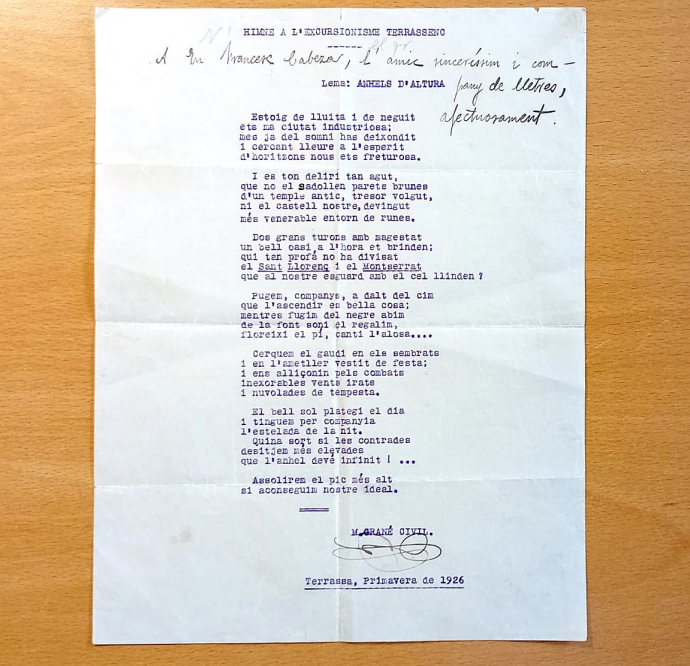 Donació a la Biblioteca i arxiu del CET dels originals de 2 poemes d’en Miquel Grané Civil