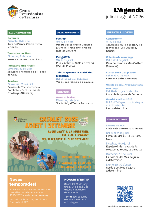 L'agenda: Agenda de juliol i agost de 2026