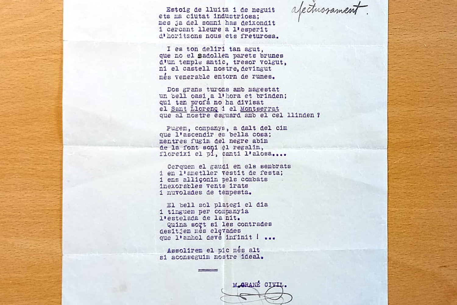 Donació a la Biblioteca i arxiu del CET dels originals de 2 poemes d’en Miquel Grané Civil (08.09.1890 – 20.05.1957)